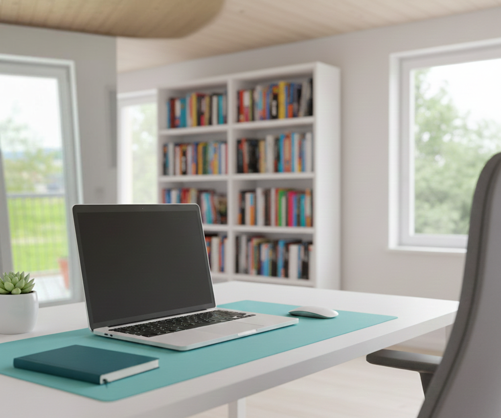 Moderner Arbeitsplatz mit Laptop und Notizbuch