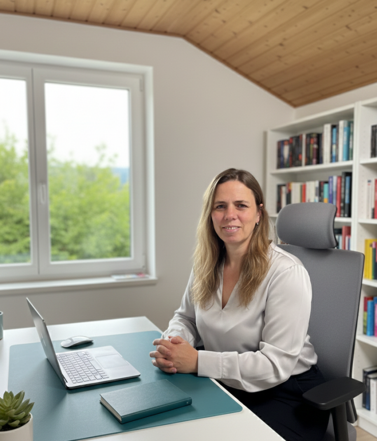 Tamara Dietl arbeitet an einem hellen Schreibtisch mit Laptop, Bücherregal im Hintergrund.